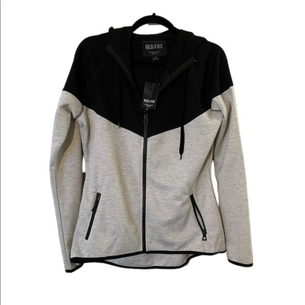 NWT Red Fox Black & Gray Full Zip Fitted Hoodie Sweats Jacket zipper pockets